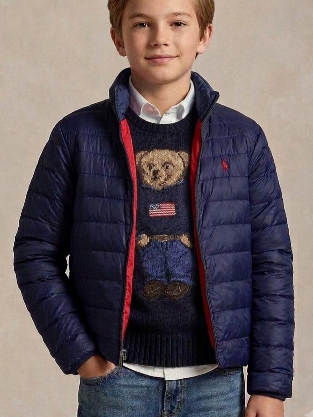 Polo Ralph Lauren Boys Down Jacket Navy Blue Size M 10-12 Duck Down Puffer